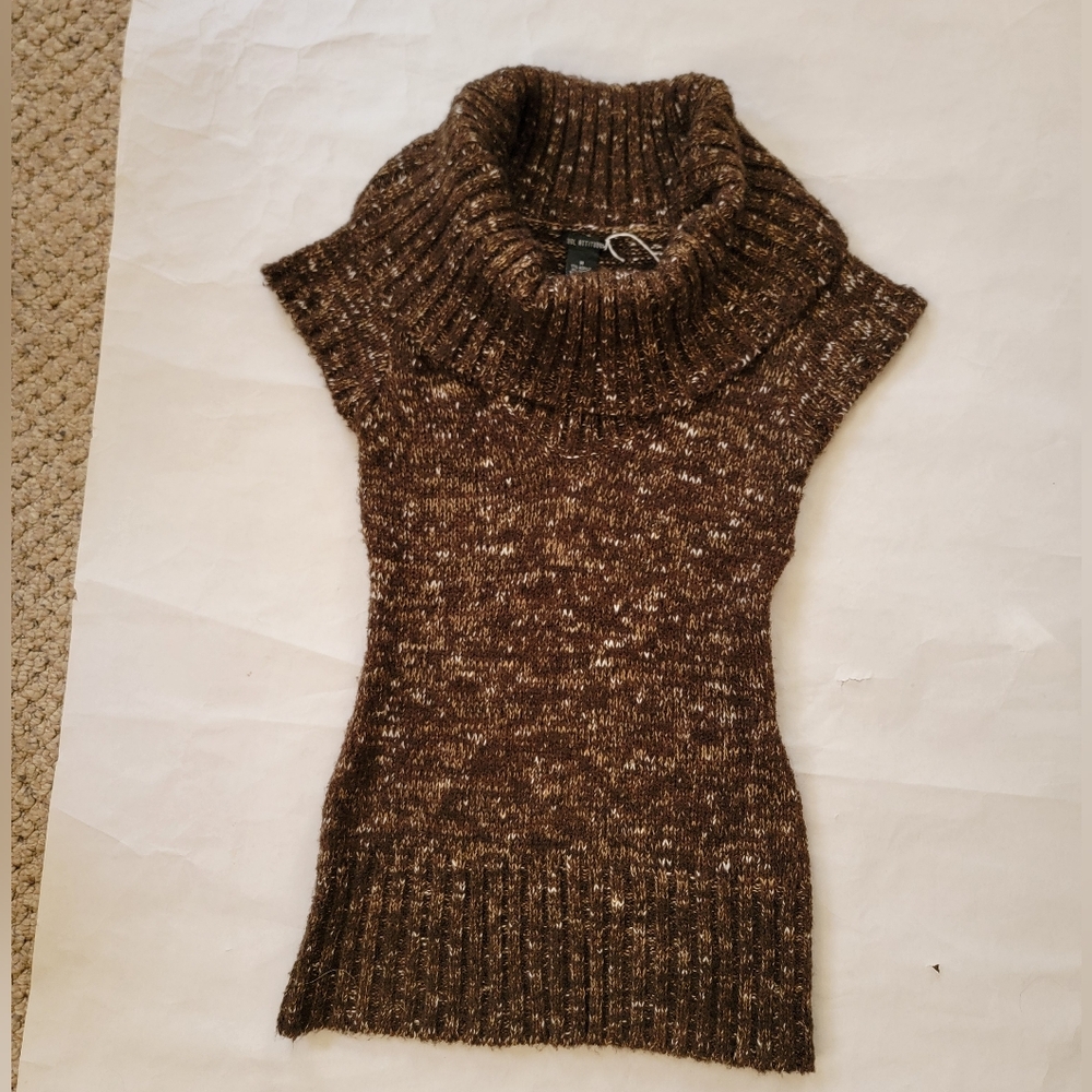Tunic Brown & Cream Marly Chunky Knit Sweater Short Sleeve Turtleneck Cowl